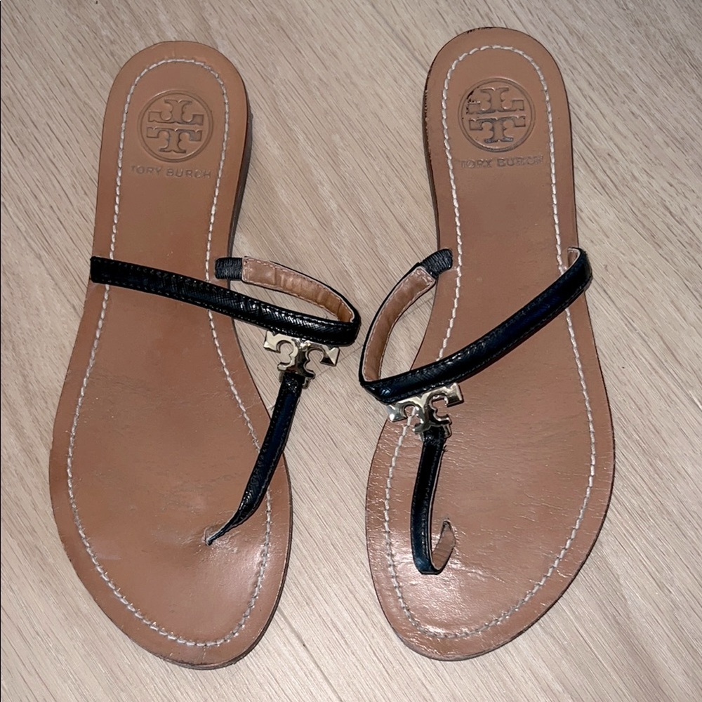 Tory Burch T-Strap Black Leather Thong